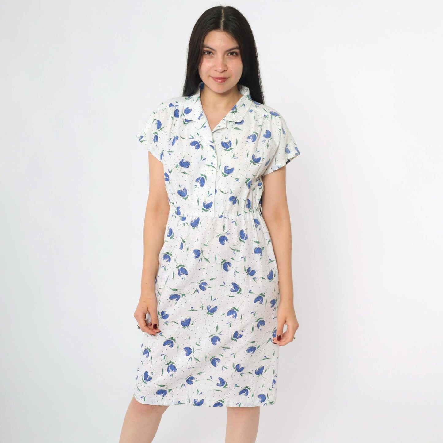 80s White Blue Floral Midi Shirtdress High Waist Button Front Small