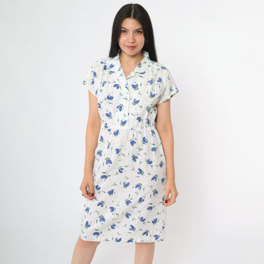 80s White Blue Floral Midi Shirtdress High Waist Button Front Small