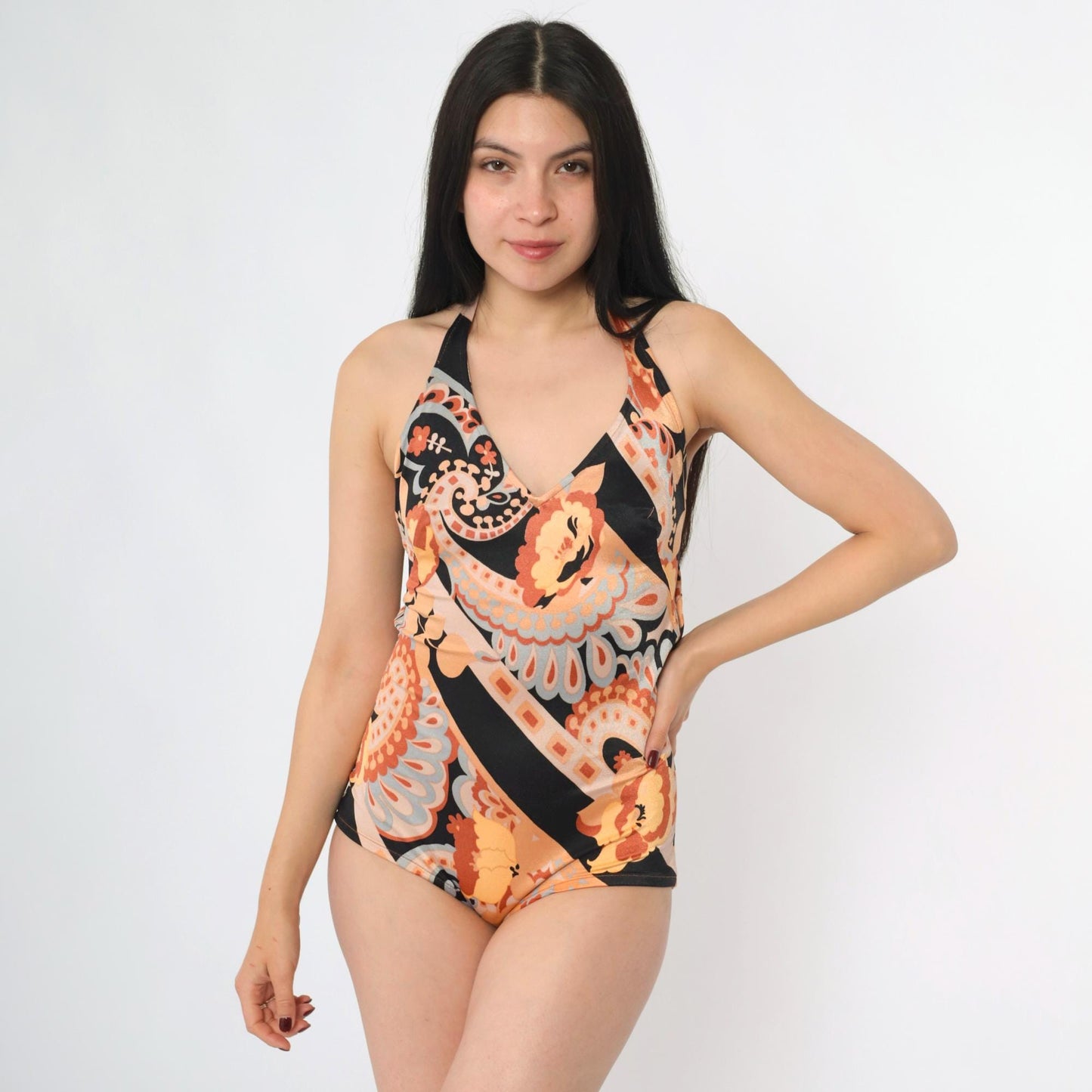 70s Psychedelic Floral One-Piece Swimsuit Orange Black Halter Scoop Back Small Medium