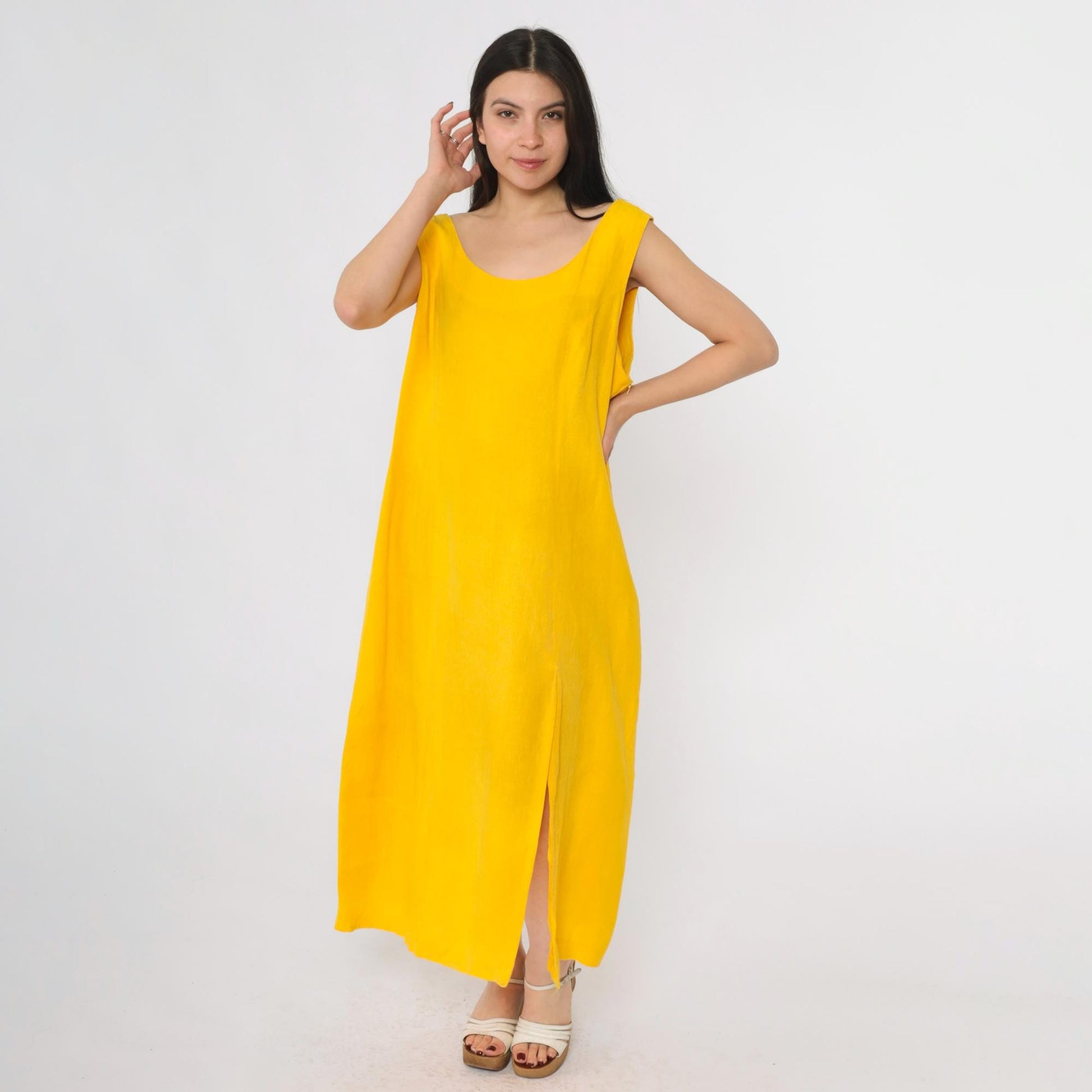 90s Navora Yellow Linen Maxi Dress Cutout Back Large – Shopexile