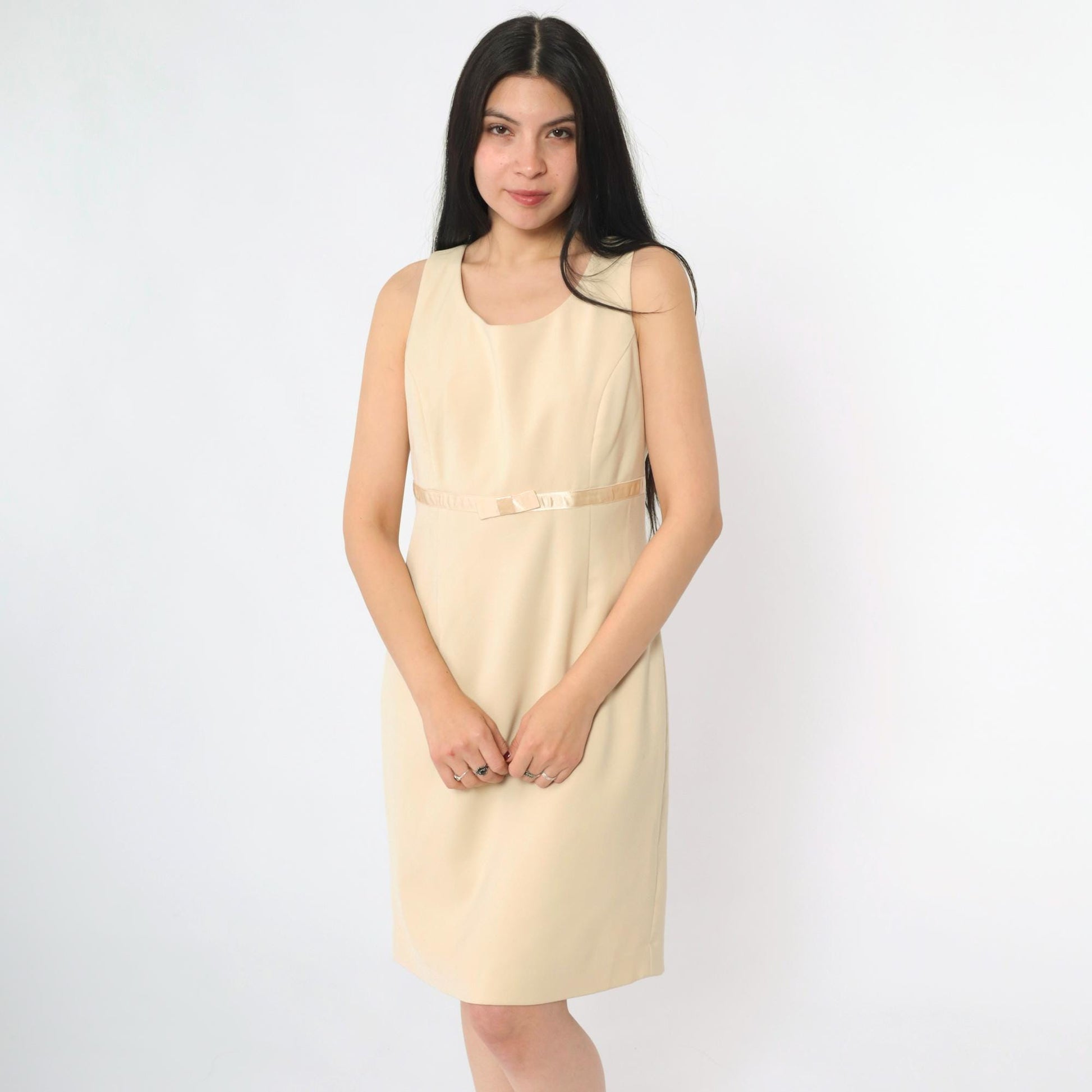 00s Amanda Smith Beige Mini Dress Satin Bow Empire Waist Scoop Neck Small