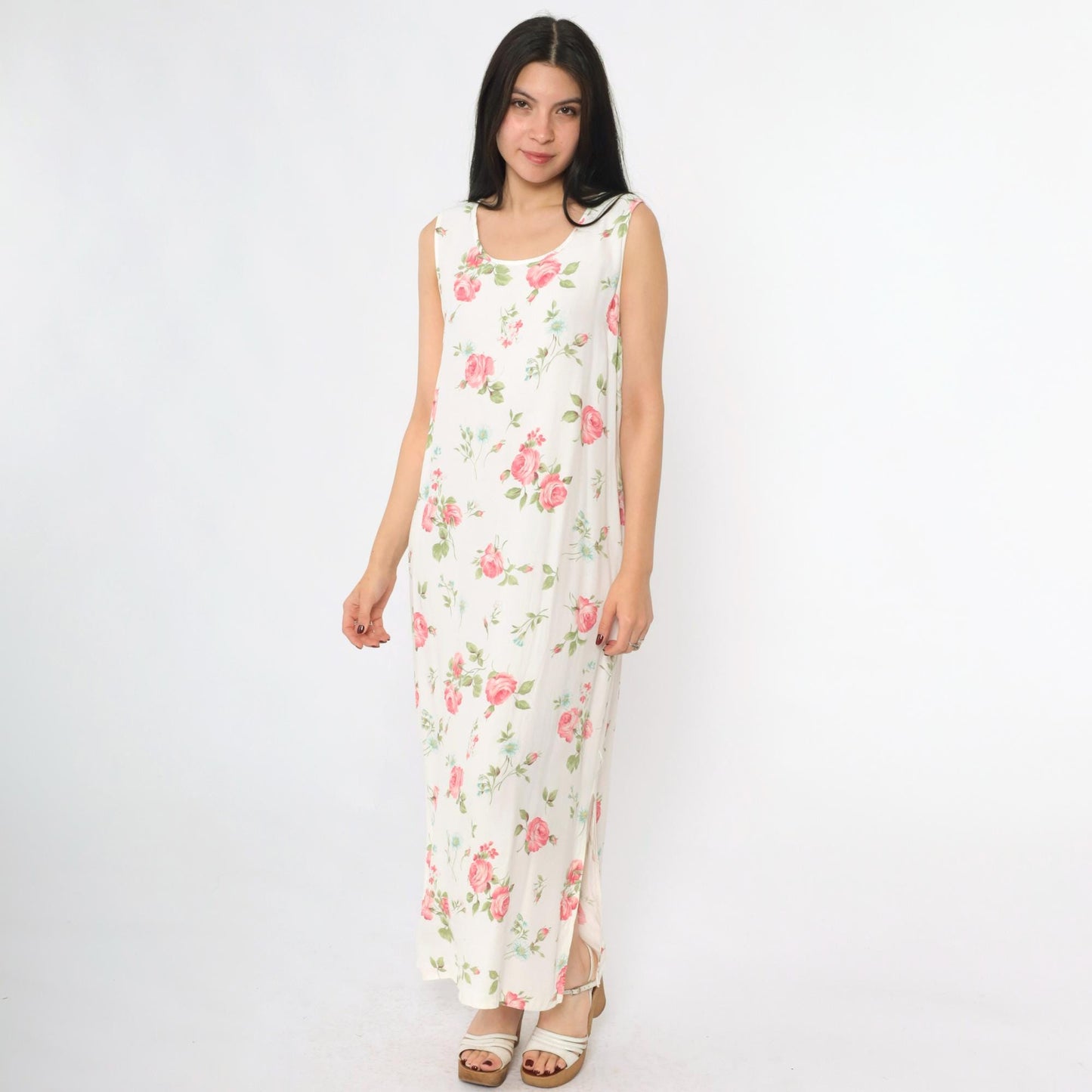 90s Pink Floral White Maxi Dress Sleeveless Scoop Neck Side Slit Medium