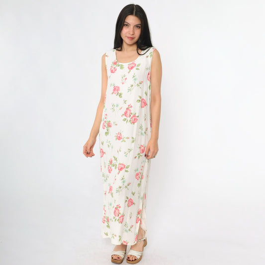 90s Pink Floral White Maxi Dress Sleeveless Scoop Neck Side Slit Medium