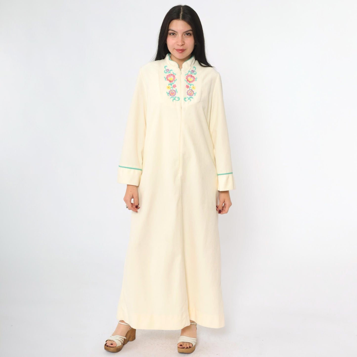 80s Cream Velour Lounge Dress Floral Embroidery Zip Front Ankle Length Small