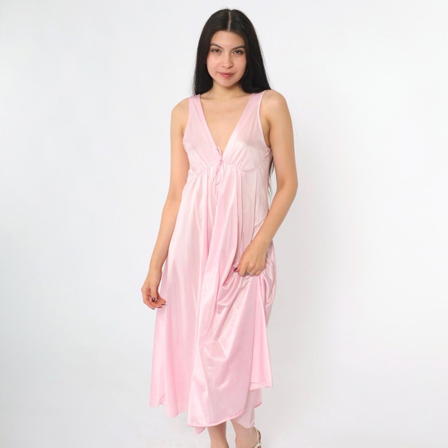 80s Baby Pink Nylon Nightgown Deep V Neck Empire Waist Midi Small