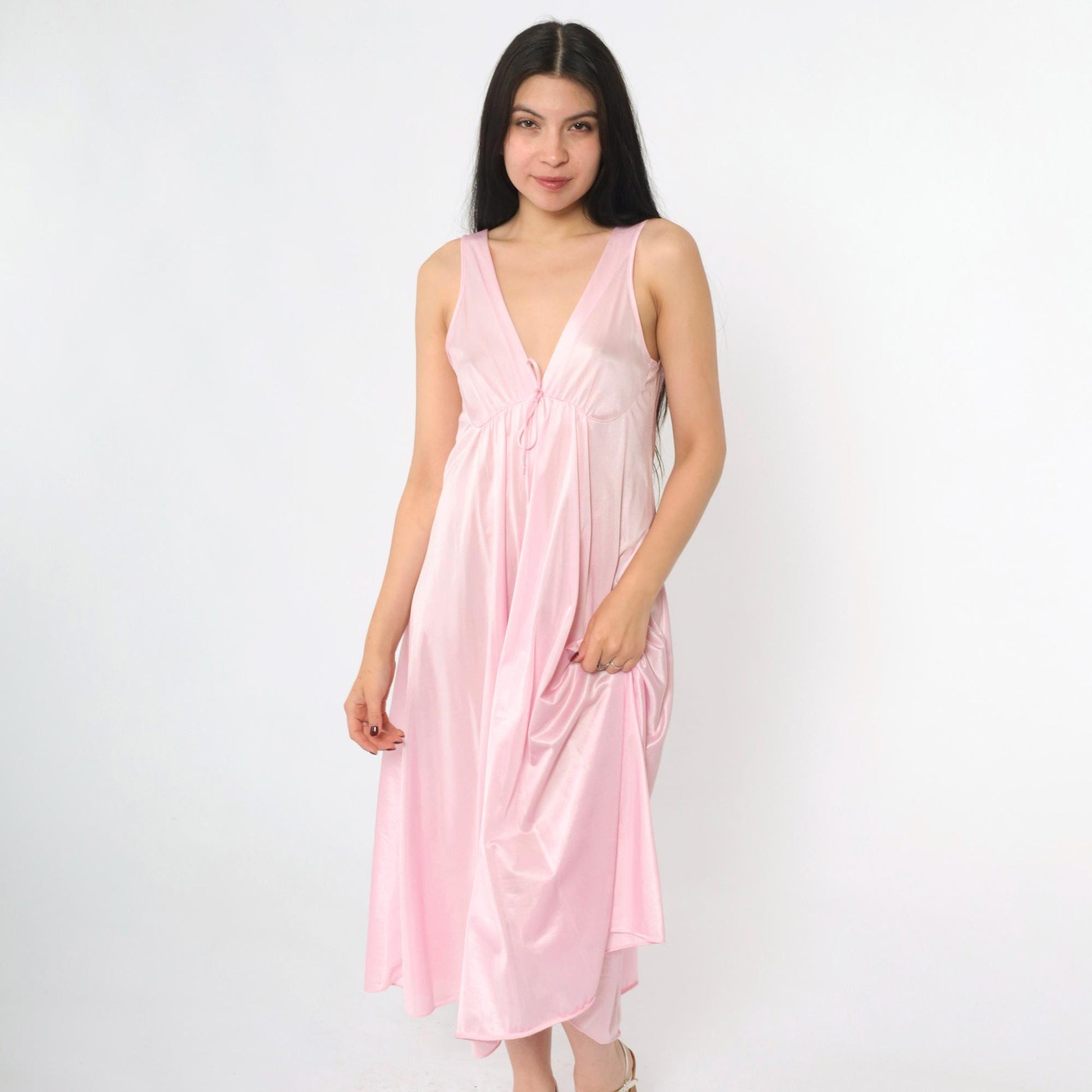 80s Baby Pink Nylon Nightgown Deep V Neck Empire Waist Midi Small