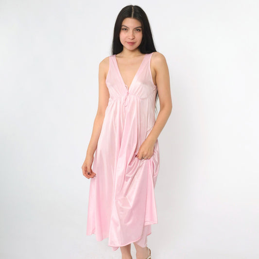 80s Baby Pink Nylon Nightgown Deep V Neck Empire Waist Midi Small