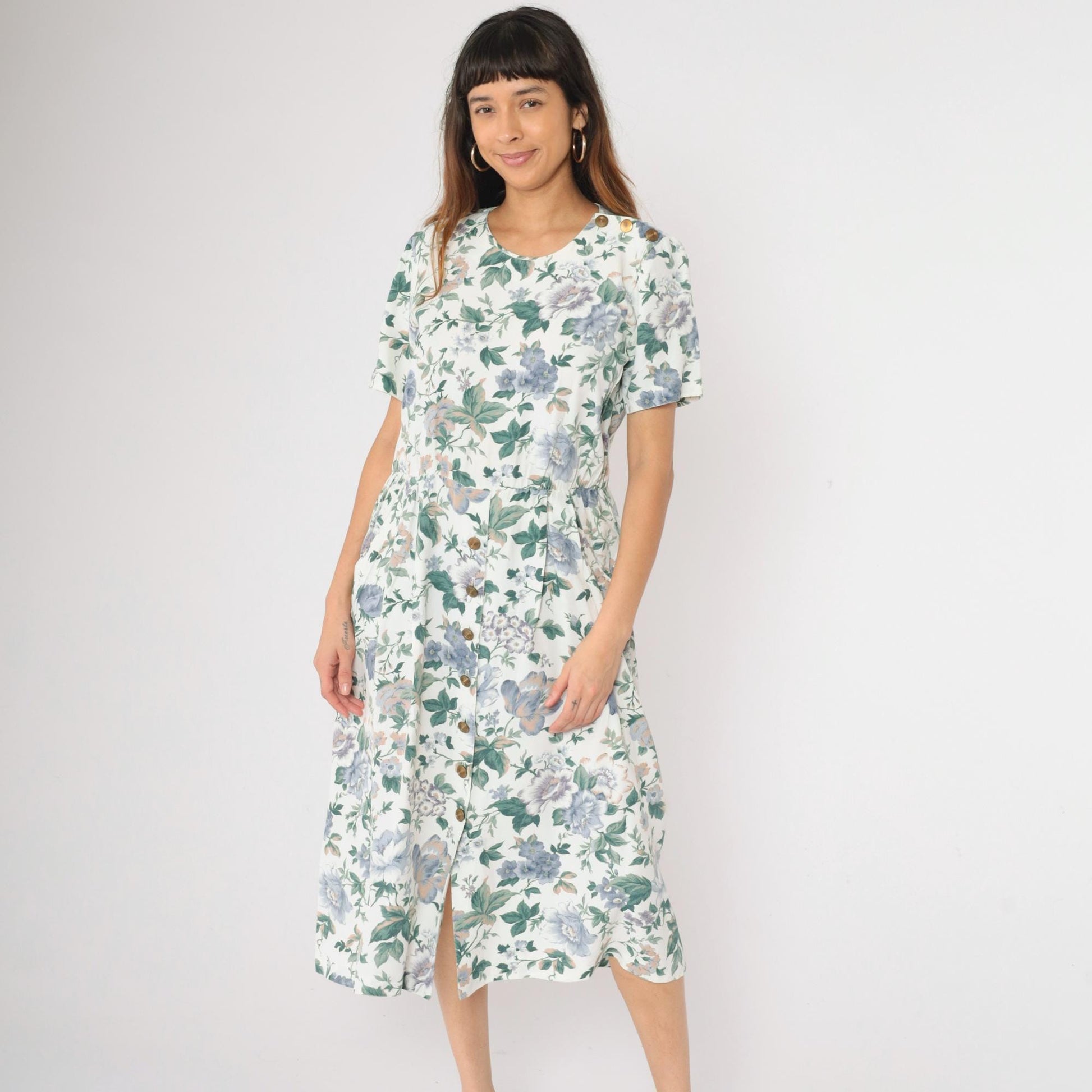 90s Floral Button Midi Dress White Blue Green Print Short Sleeve Medium M