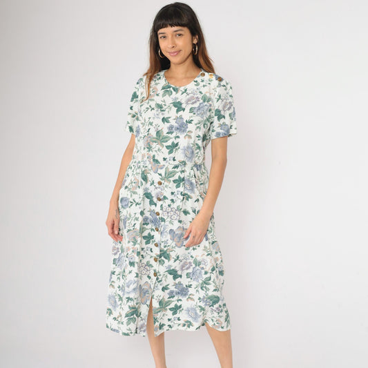 90s Floral Button Midi Dress White Blue Green Print Short Sleeve Medium M