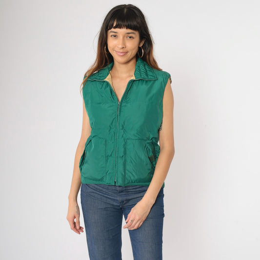 80s Green Puffer Vest Zip-Up Sleeveless Jacket Small S