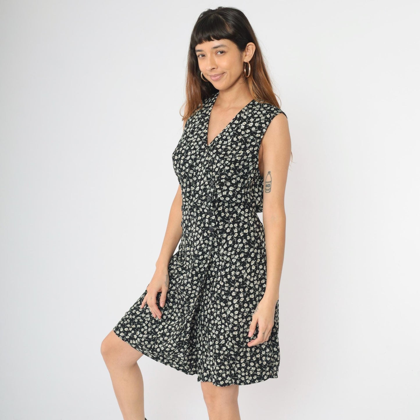 90s Black Floral Romper Dress Wide Leg Sleeveless Button Front Large