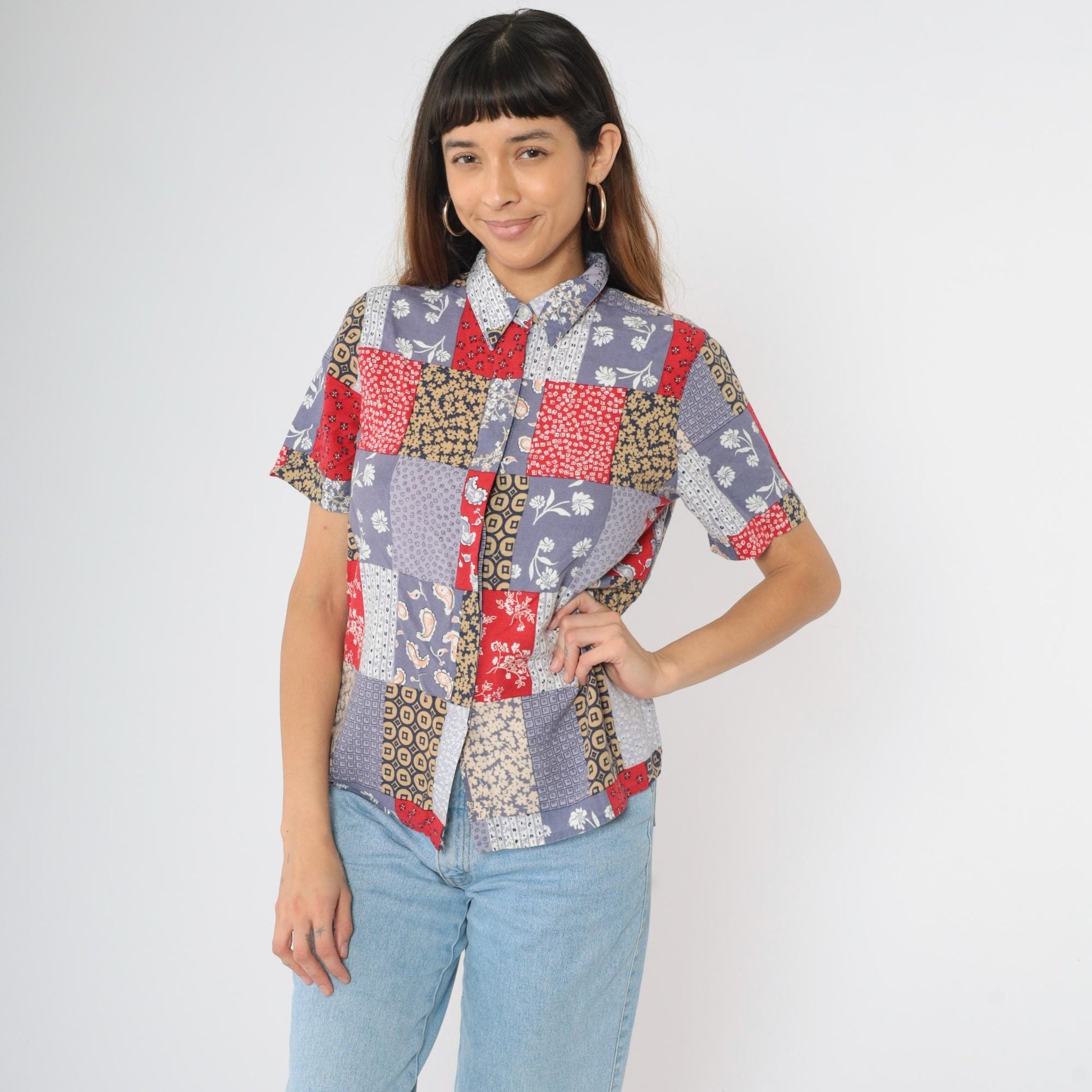 90s Alfred Dunner Patchwork Floral Paisley Button Up Blouse Muted Blue Red Medium