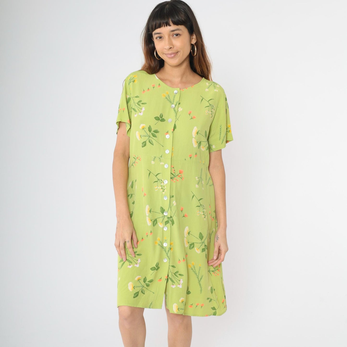 90s Lime Green Floral Rayon Dress High Waist Button Front Knee Length Large
