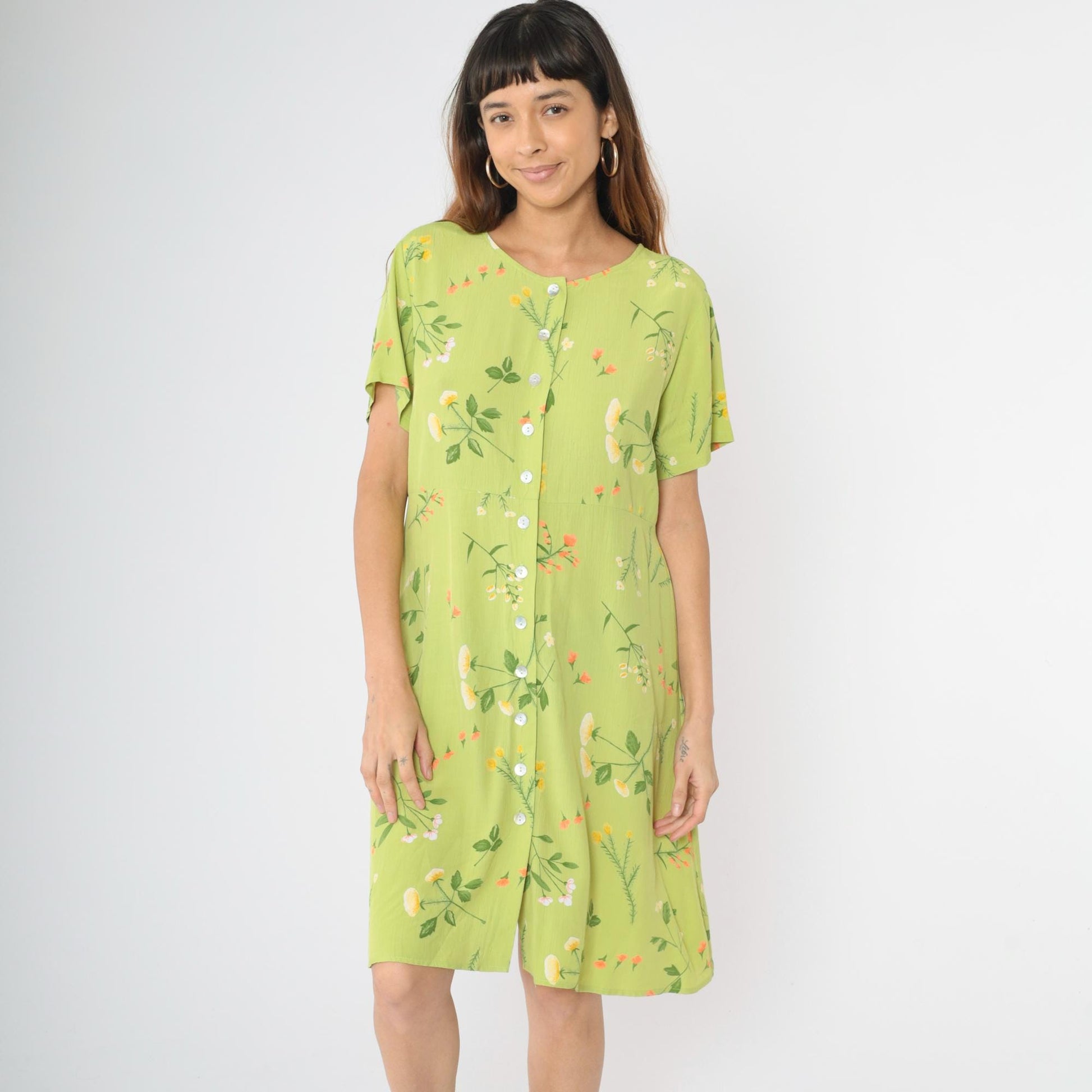 90s Lime Green Floral Rayon Dress High Waist Button Front Knee Length Large