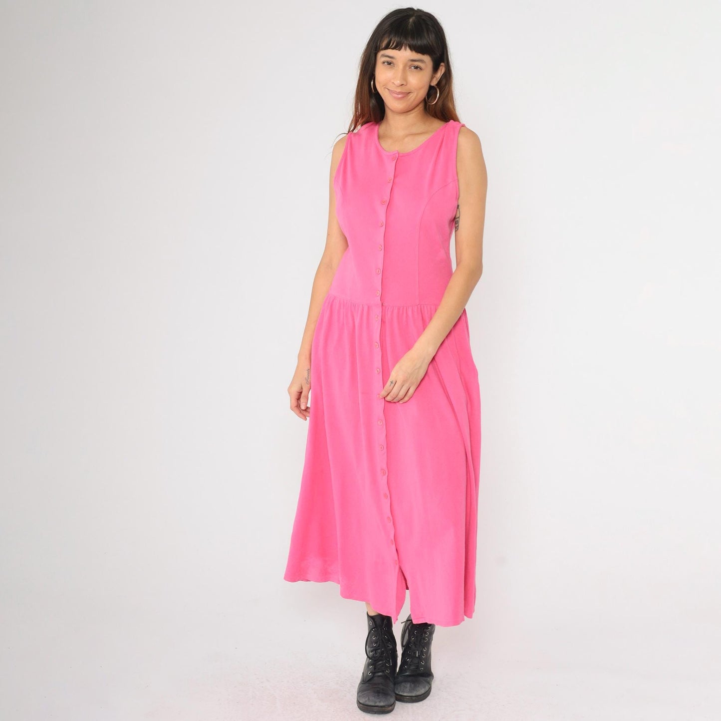 90s Pink Cotton Knit Button-Up Dress Dropped Waist Midi Sleeveless Medium