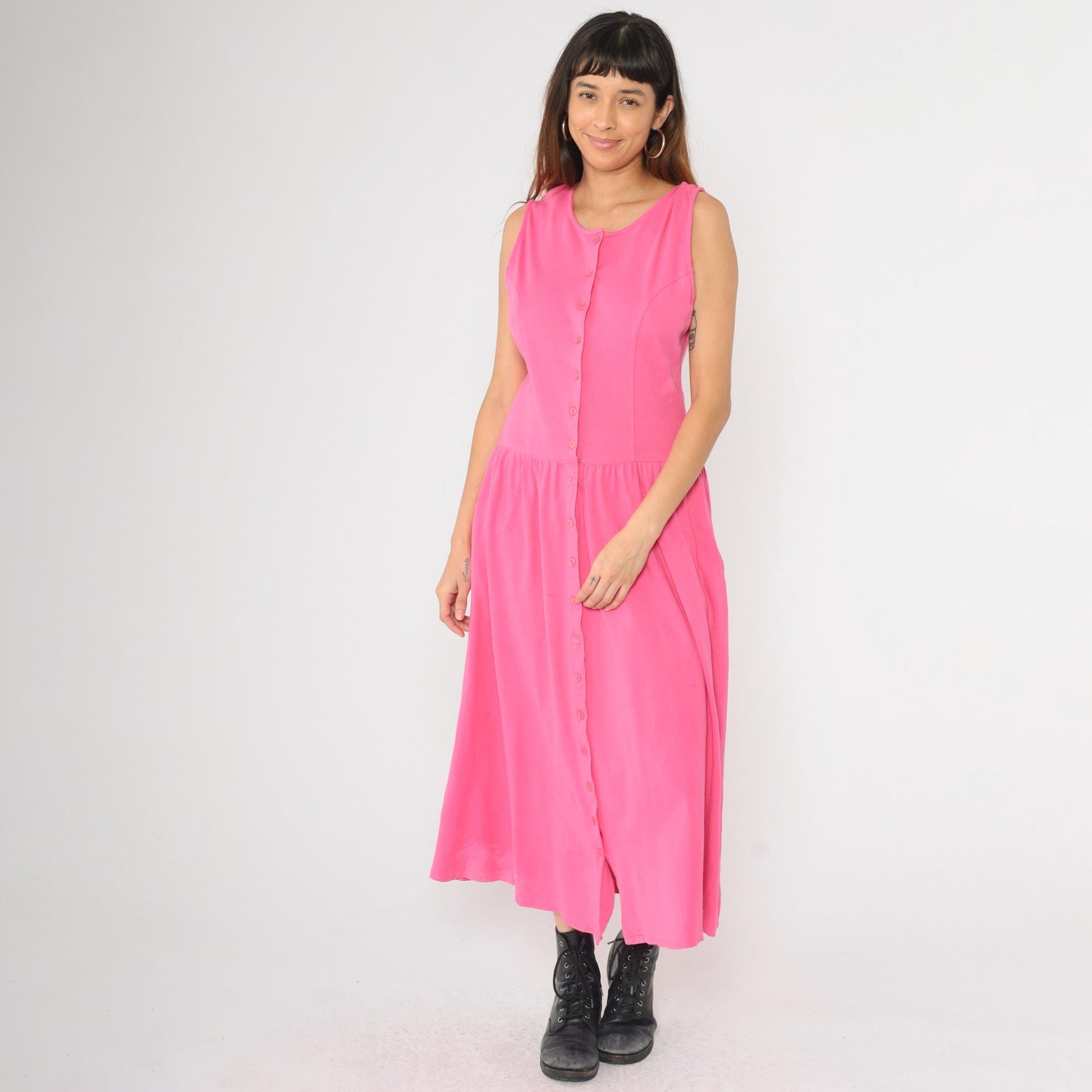 90s Pink Cotton Knit Button-Up Dress Dropped Waist Midi Sleeveless Medium