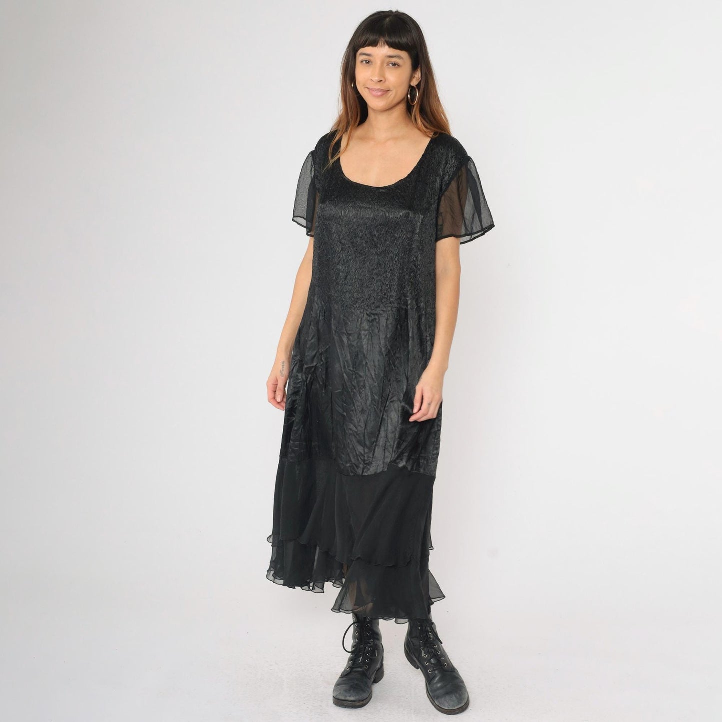 90s Black Satin Tiered Chiffon Midi Dress Flutter Sleeve Scoop Neck Large