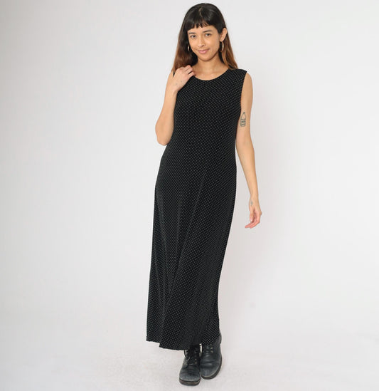 90s Ronni Nicole Black Polka Dot Maxi Dress Sleeveless Round Neck Large 14