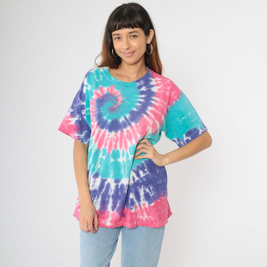 90s Tie Dye Swirl T-Shirt Pink Purple Turquoise Distressed Cotton Crewneck Large