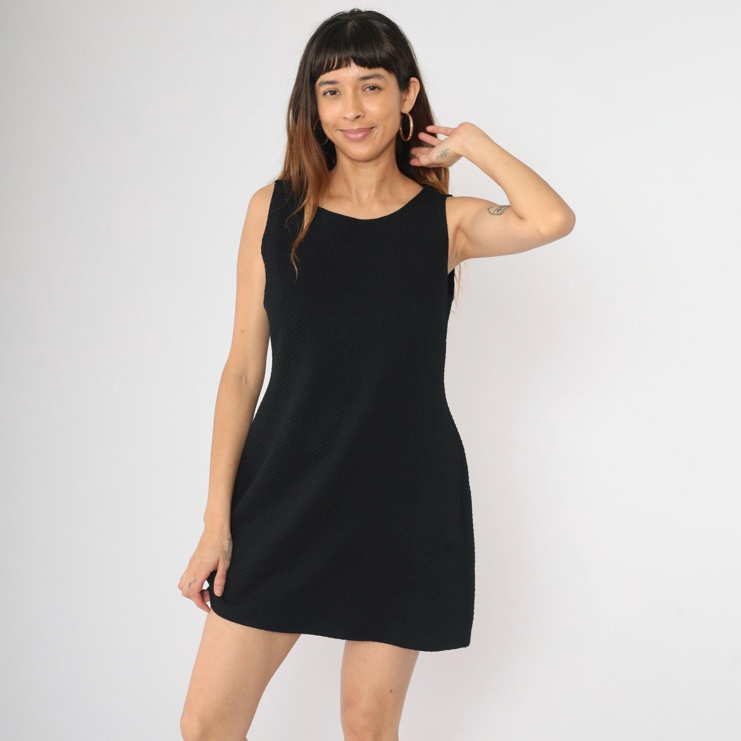 90s Black Honeycomb Textured A-Line Mini Dress Sleeveless Scoop Neck Small Medium