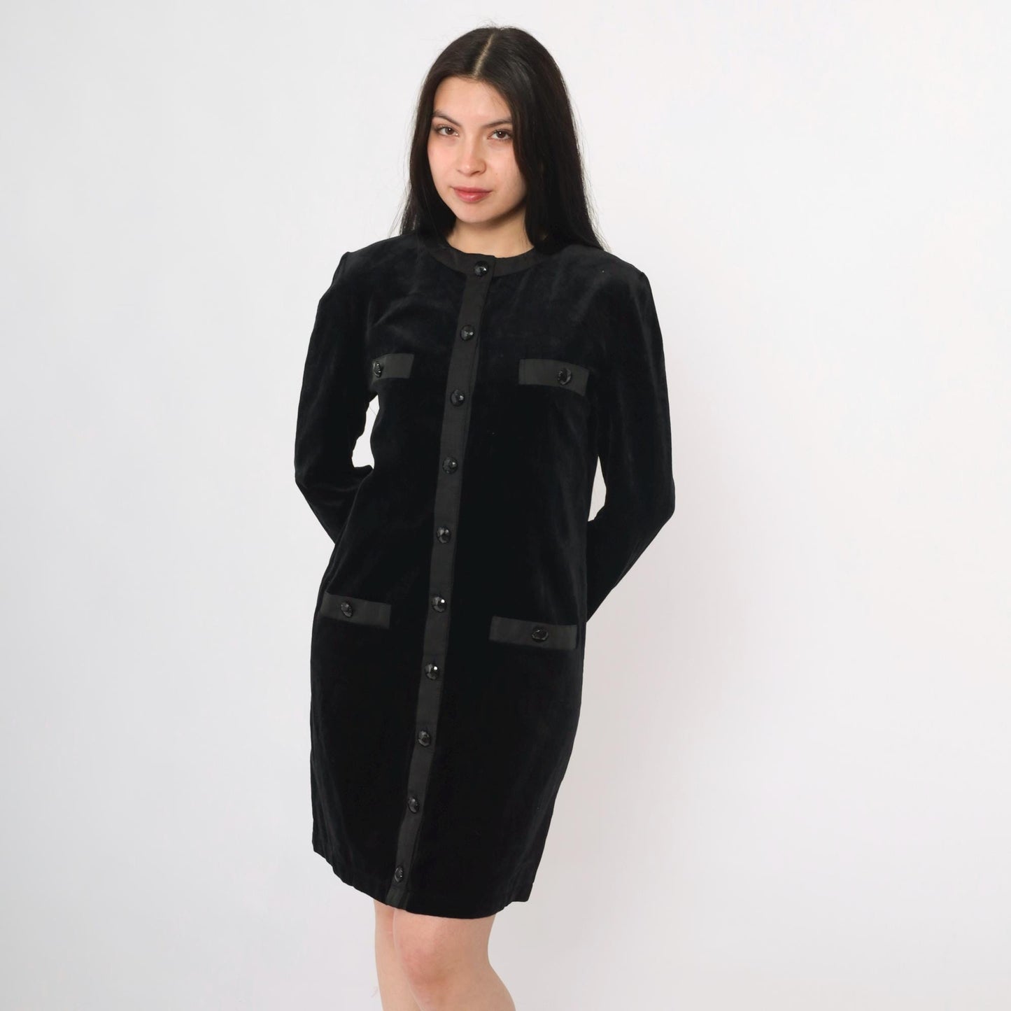 80s Black Velvet Jacket Dress Mini Button-Up Long Sleeve Medium