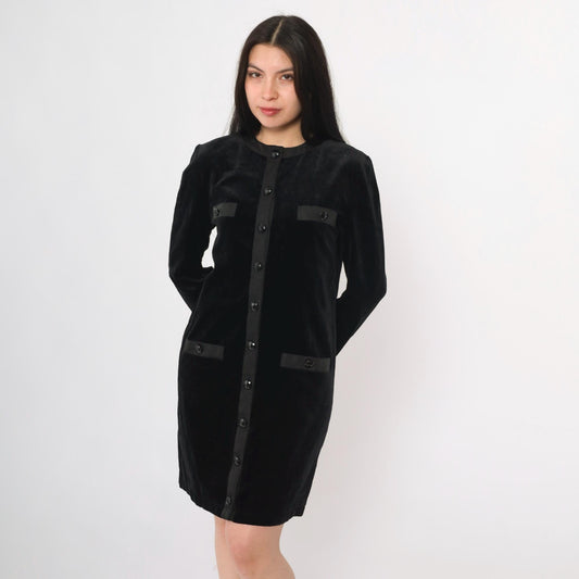 80s Black Velvet Jacket Dress Mini Button-Up Long Sleeve Medium