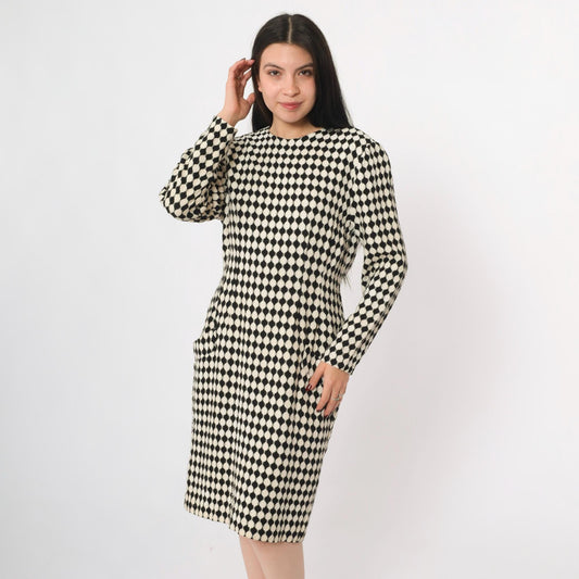 80s Jackie Bernard Black White Checkered Knee-Length Dress Medium