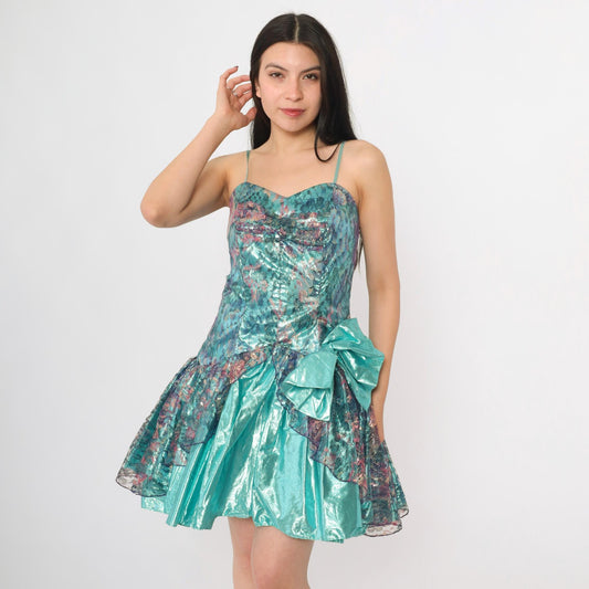 80s Teal Lamé Party Dress Sweetheart Neckline Metallic Lace Mini XS