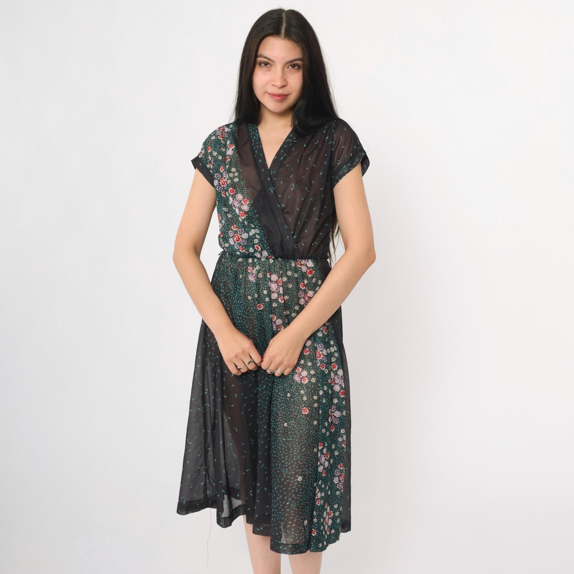 70s Black Floral Sheer Midi Dress Faux Wrap V Neck Cap Sleeve Small