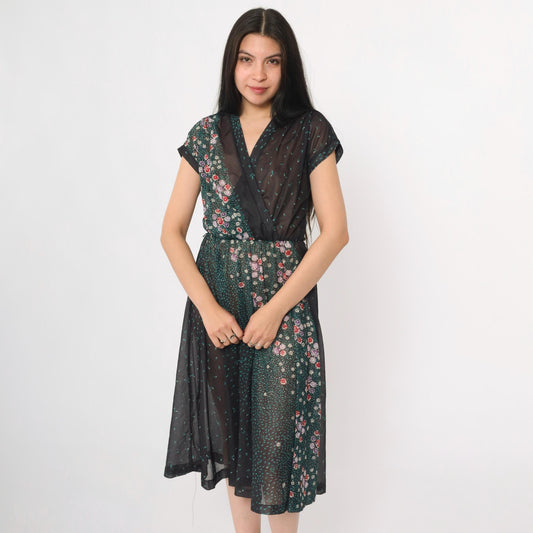 70s Black Floral Sheer Midi Dress Faux Wrap V Neck Cap Sleeve Small