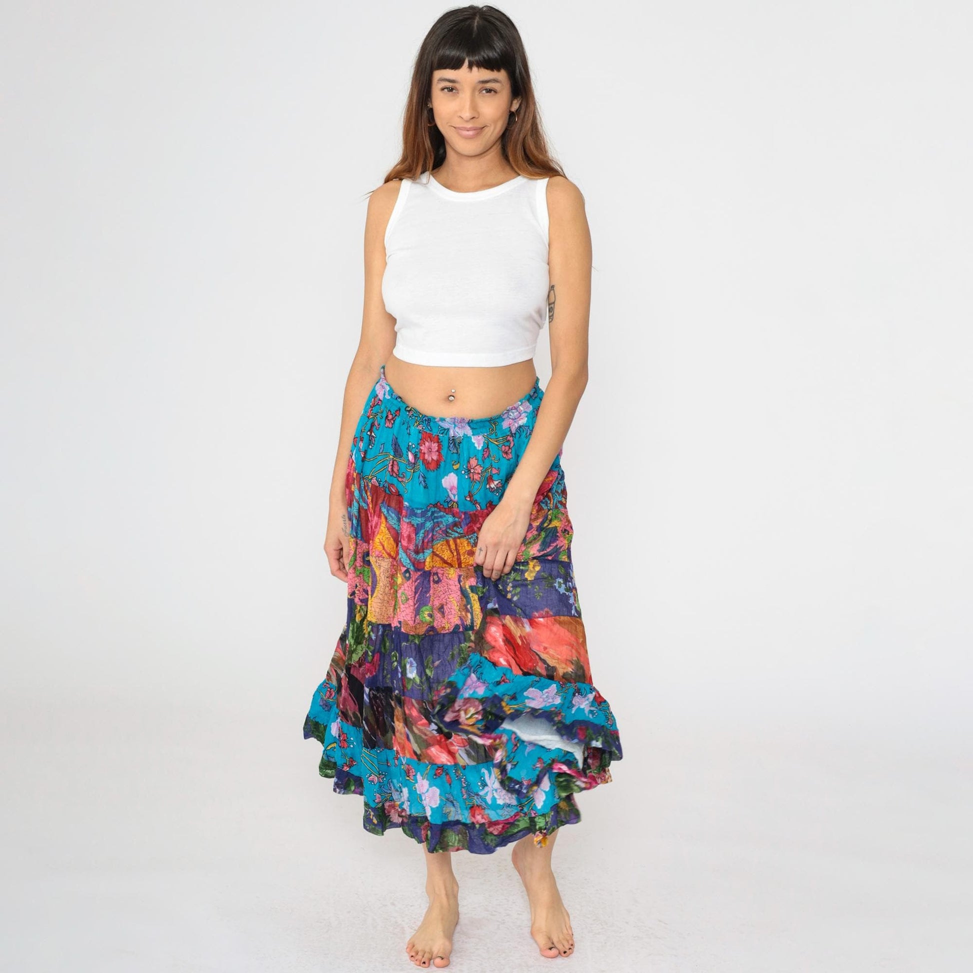 90s Broomstick Midi Skirt Blue Floral Patchwork Tiered Cotton Small