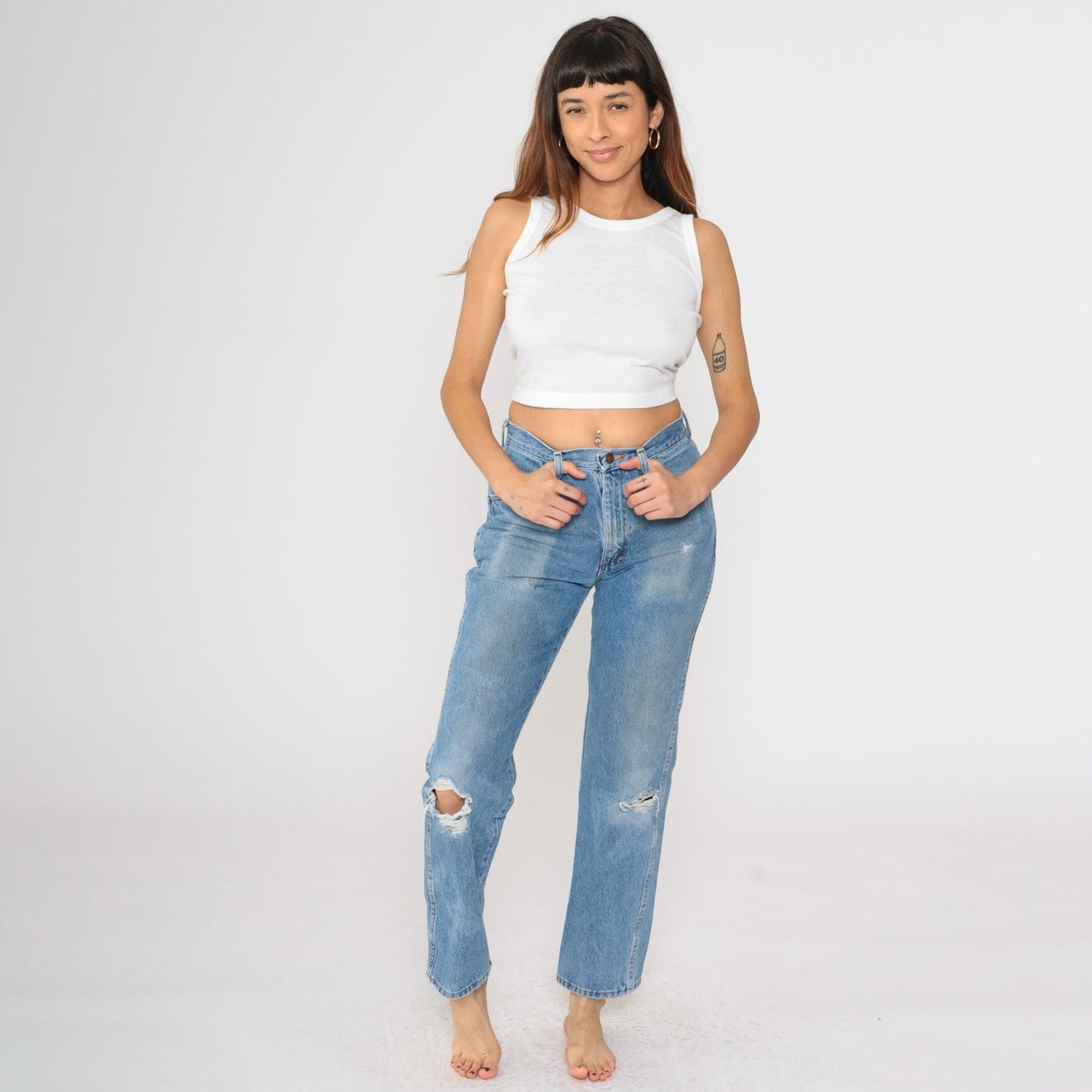 00s Rustler Faded Blue Straight Leg Jeans High Rise Ripped Small