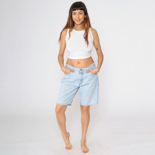 Y2K Eddie Bauer High-Waisted Denim Shorts Blue Paint Distressed Men's 34