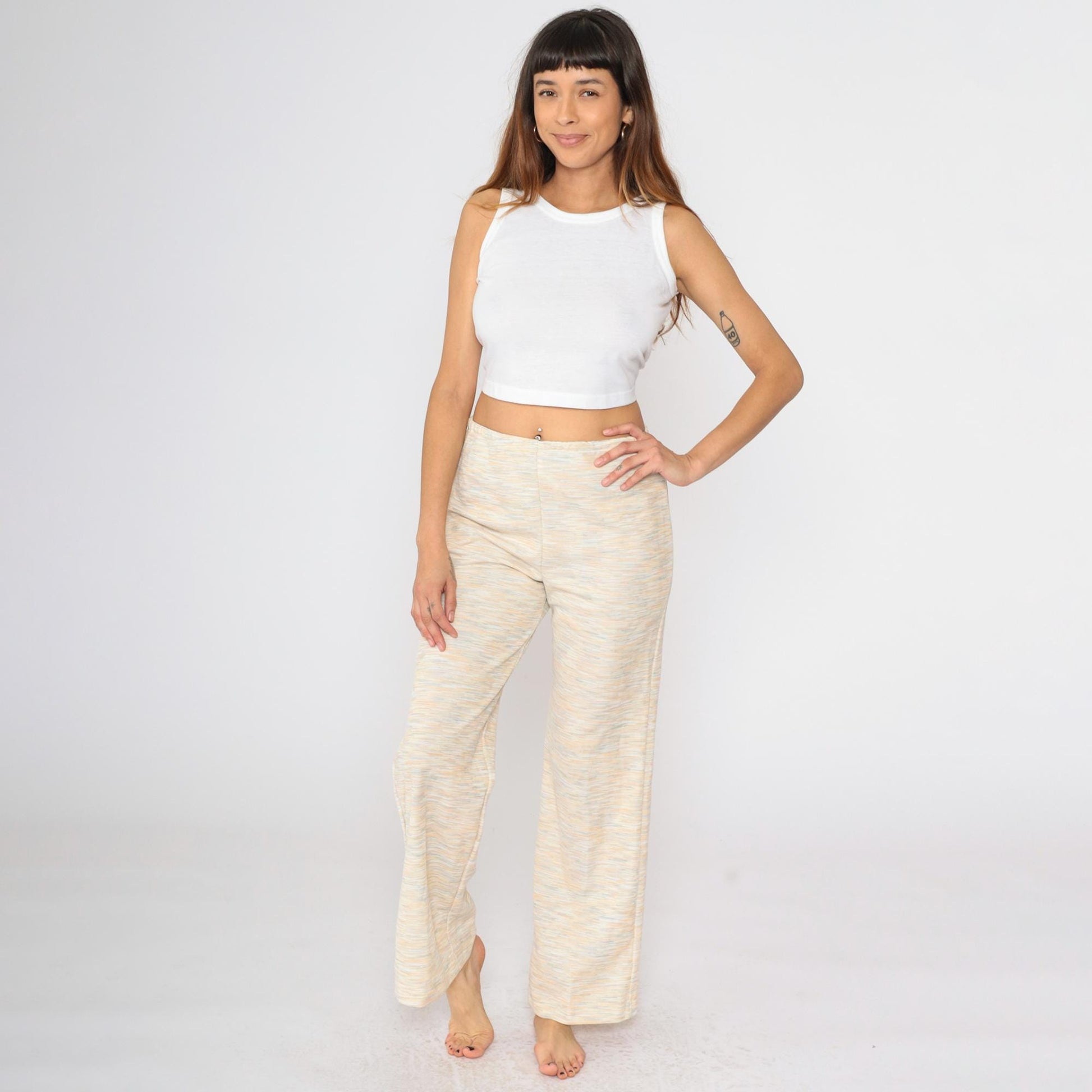 70s Flared Trousers High Waist Pull On Heathered Peach Orange Teal Small