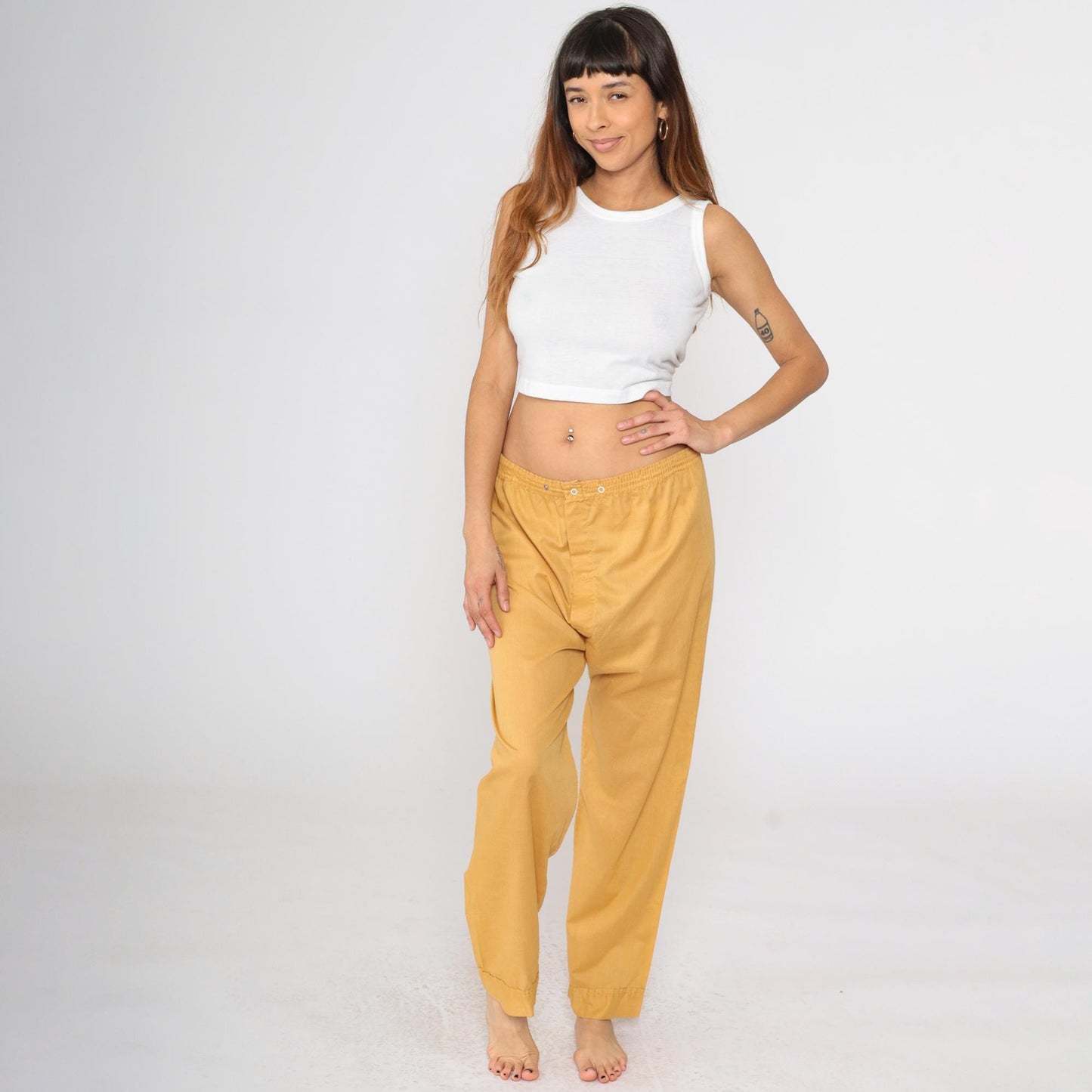 70s Mustard Yellow Pajama Pants Snap Waist Straight Leg Large L