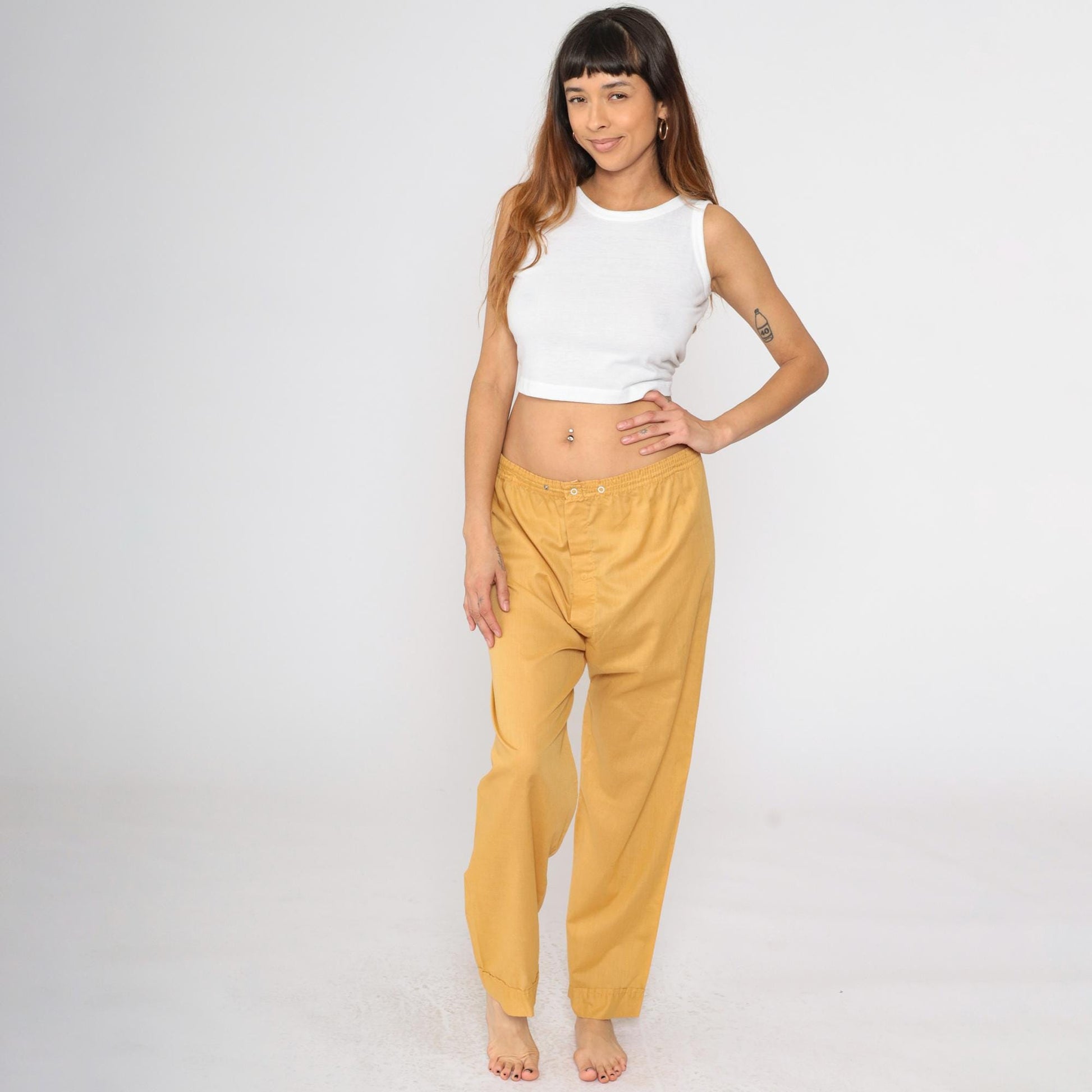 70s Mustard Yellow Pajama Pants Snap Waist Straight Leg Large L