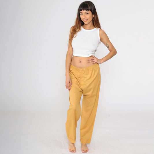 70s Mustard Yellow Pajama Pants Snap Waist Straight Leg Large L