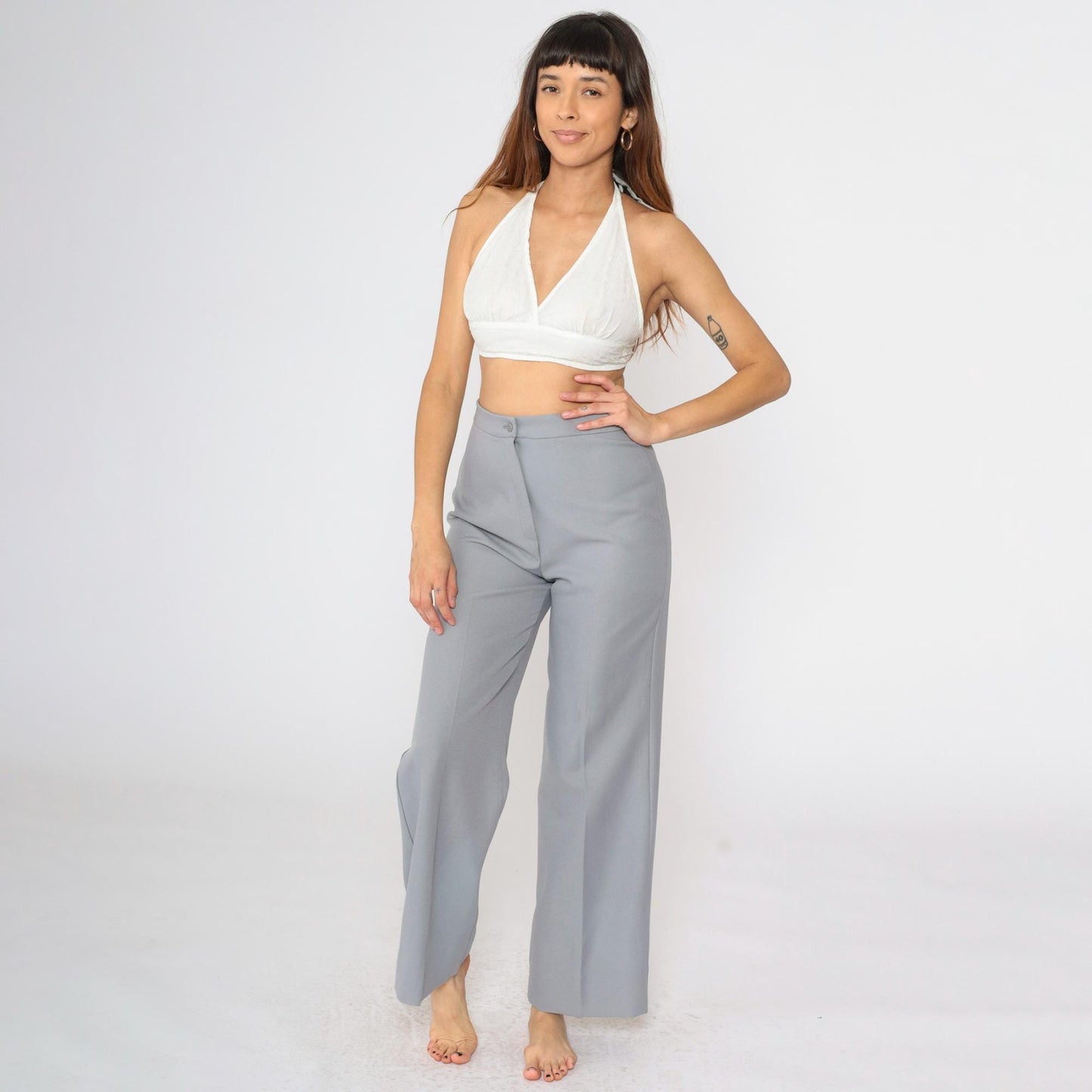 70s Grey Polyester High-Waist Wide-Leg Trousers Small S