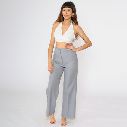 70s Grey Polyester High-Waist Wide-Leg Trousers Small S