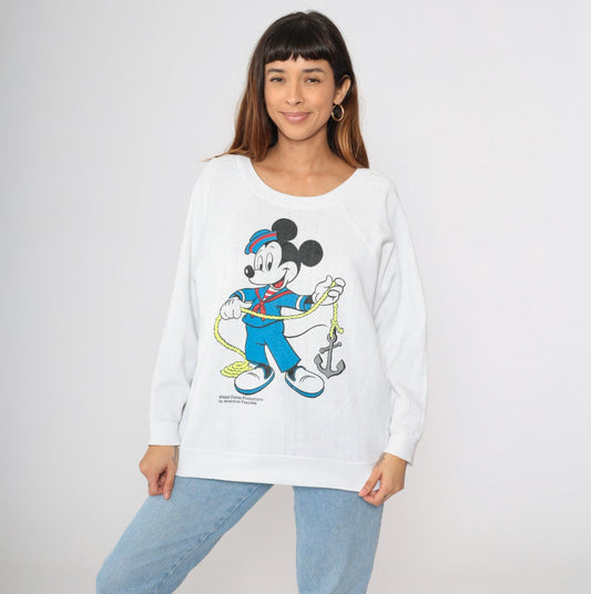 80s Mickey Mouse Sailor Graphic Sweatshirt White Raglan Crewneck Large