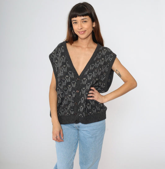 90s Paolo Conti Geometric Knit Vest Grey V-Neck Button Front Large