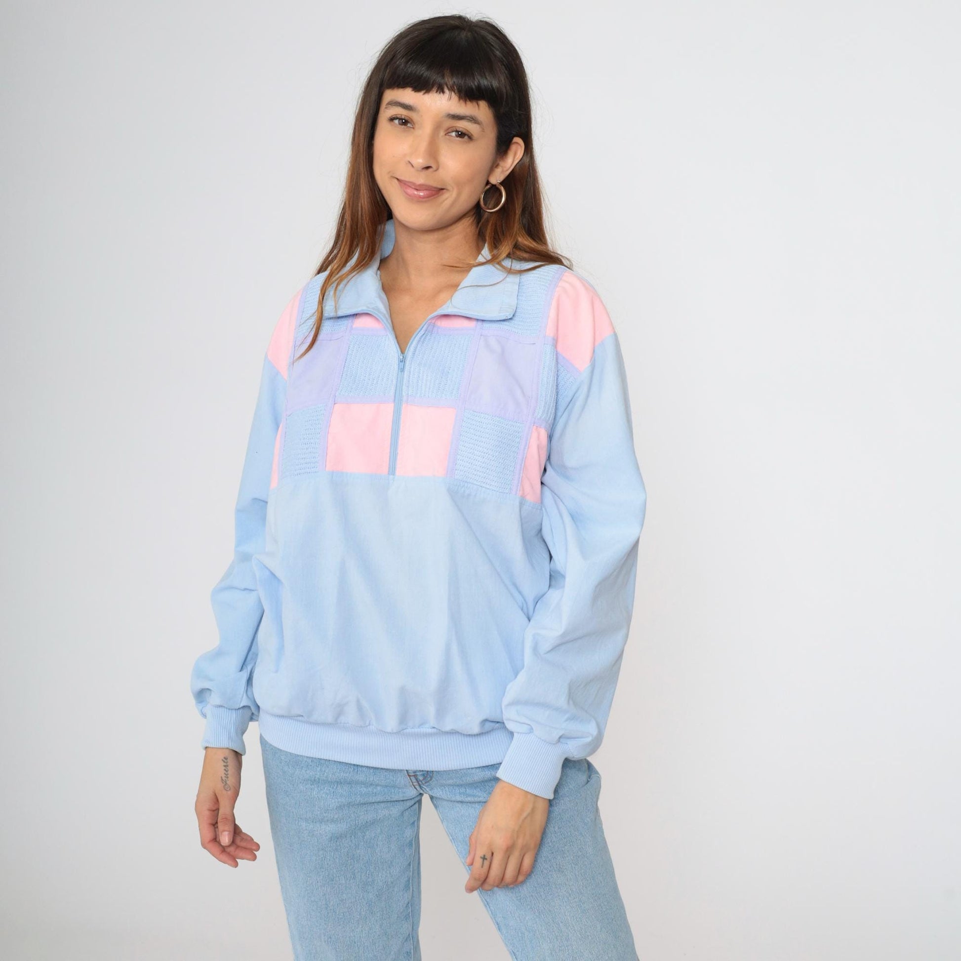 80s Cavalier Colorblock Quarter Zip Pullover Pink Lilac Blue Knit Medium Large