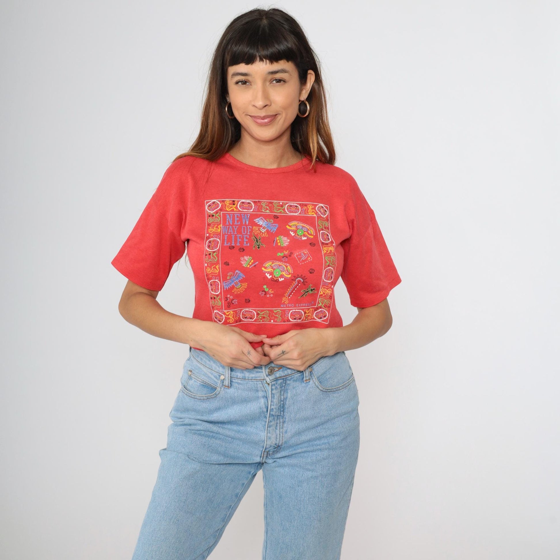 90s Mesoamerican Graphic Crop Tee Red Abstract Birds Masks Extra Small XS