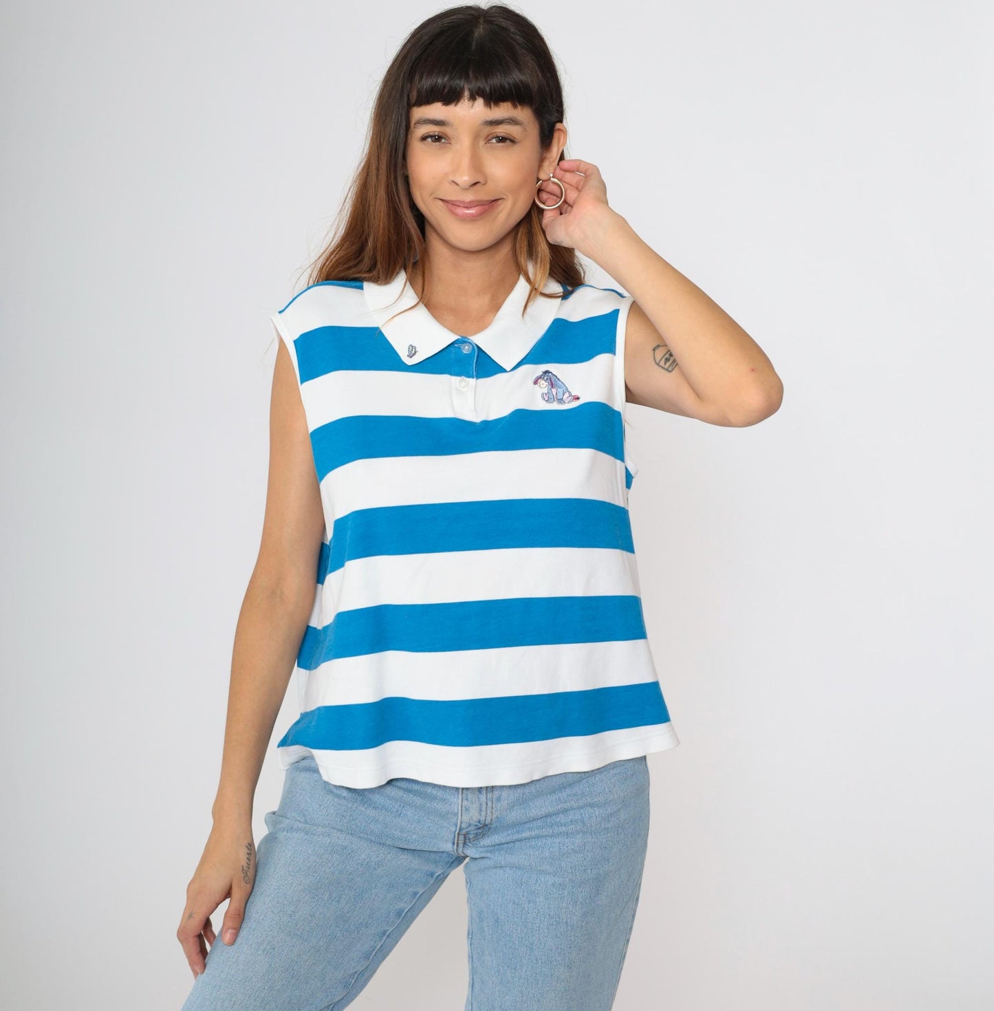 Disney Eeyore Polo Tank Top Blue Striped Embroidered Cotton Extra Large