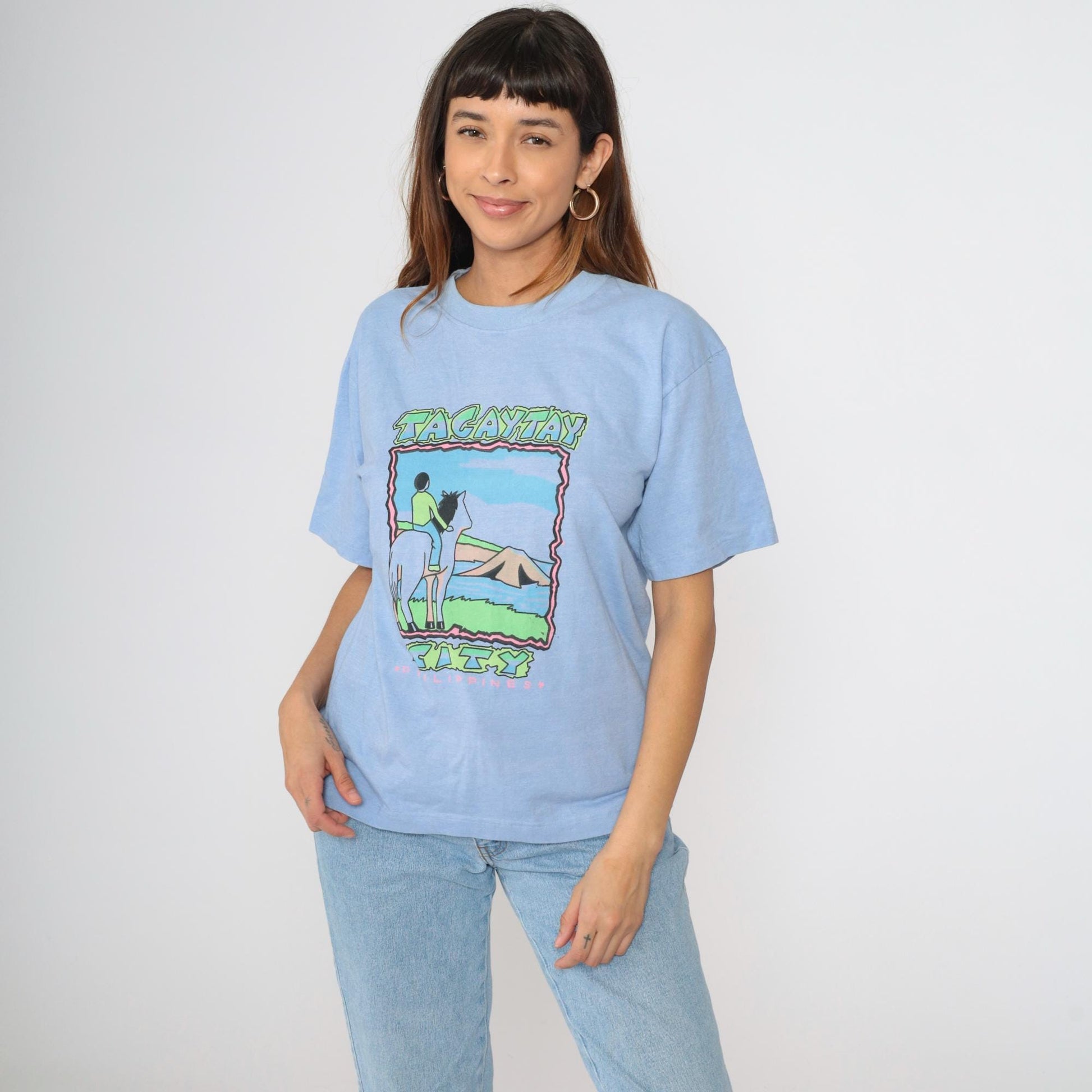 Y2K Tagaytay Philippines Neon Graphic Horse T-Shirt Blue Tee Medium