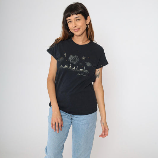 90s Las Vegas Fireworks Graphic T-Shirt Studded Metallic Black Small S