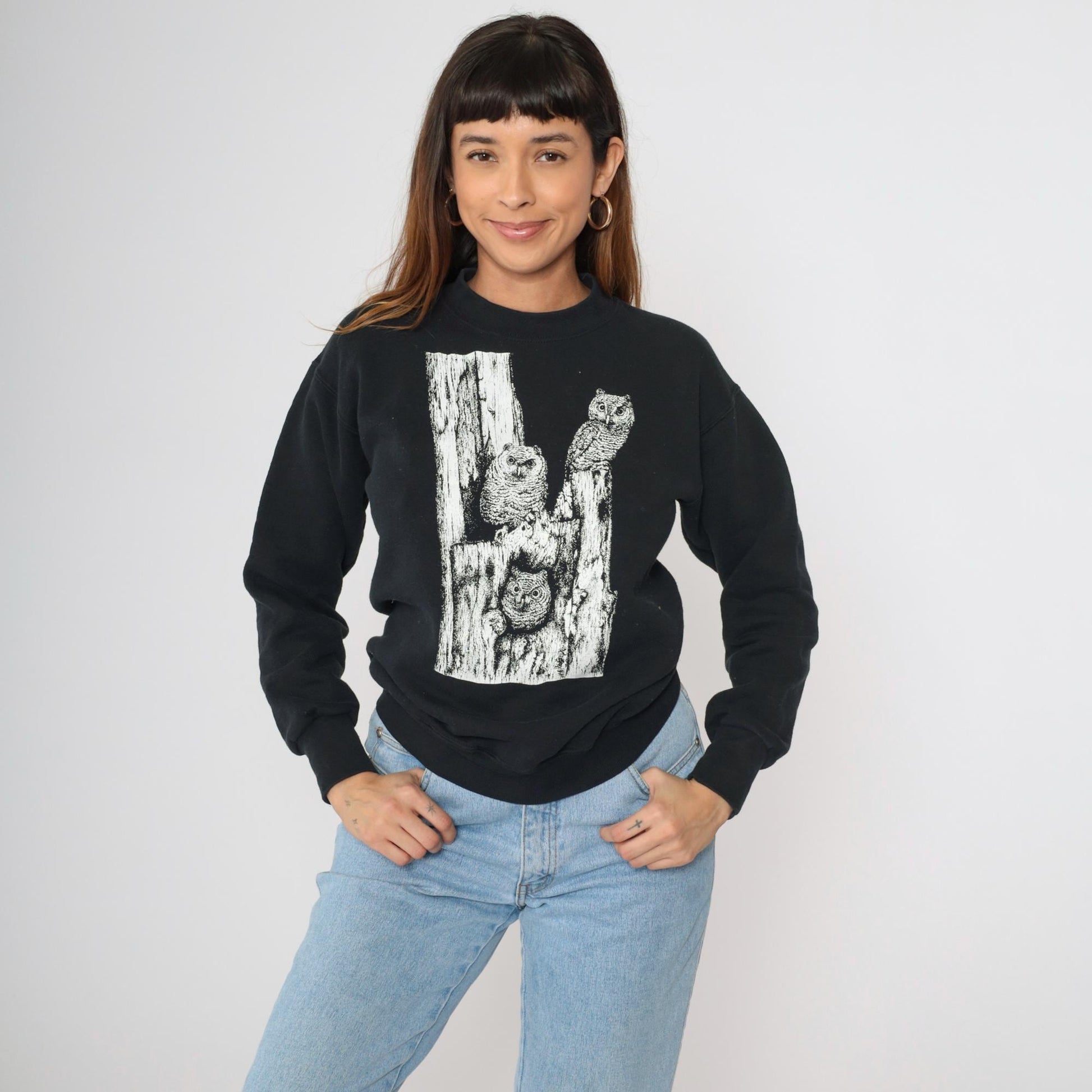 Y2K Woodland Dunes Nature Center Owl Sweatshirt Black Graphic Pullover Small