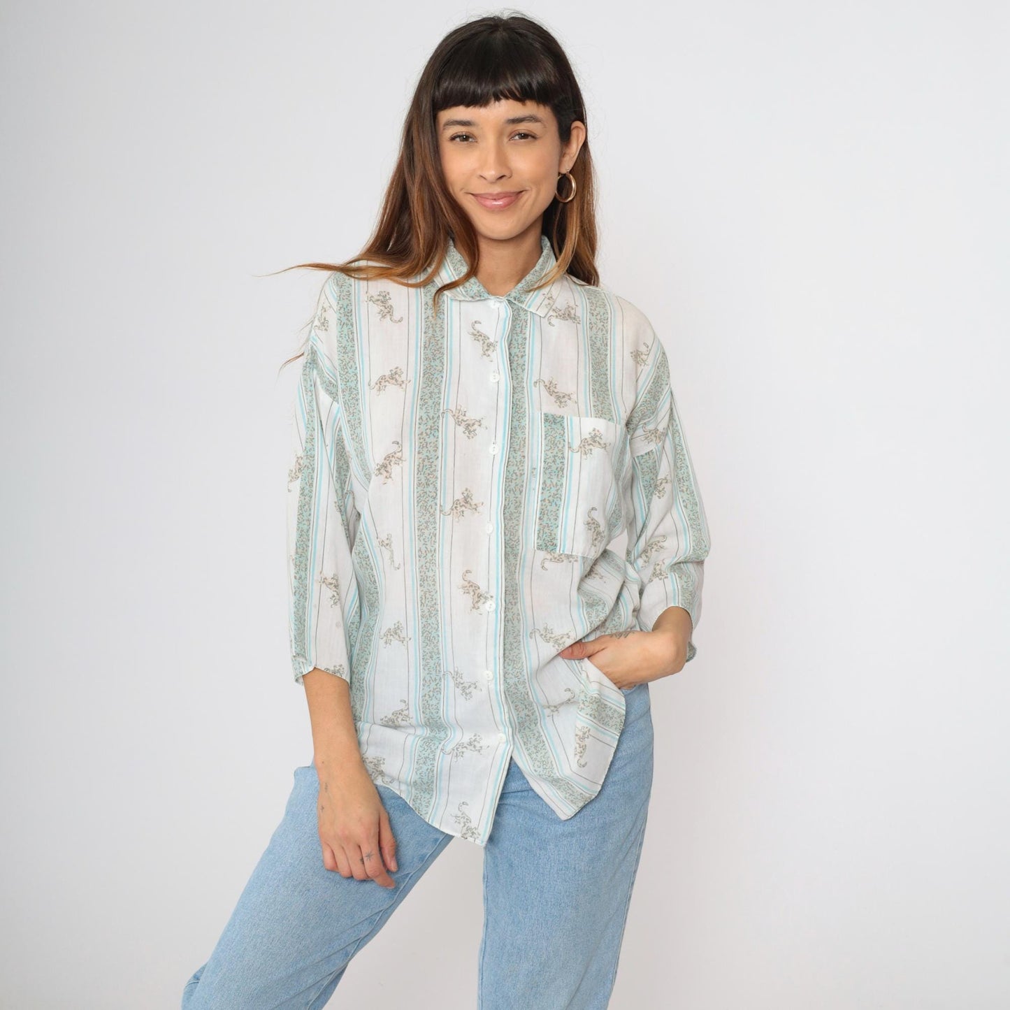 80s Leopard Striped Button-Up Blouse White Blue 3/4 Sleeve Large