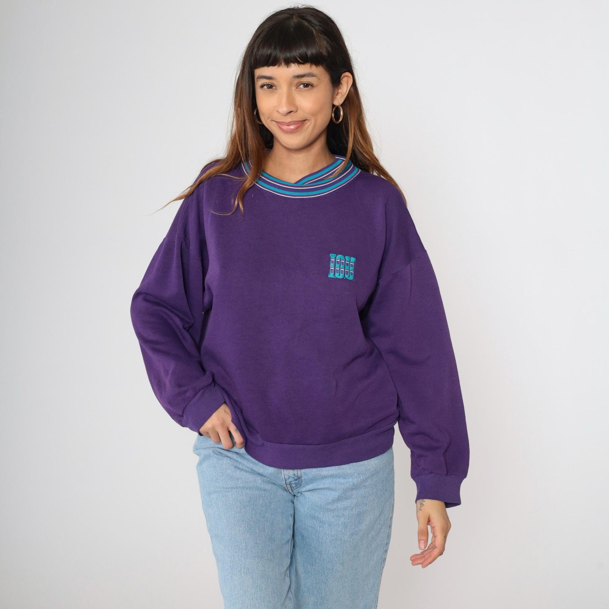 90s I.O.U. Spellout Sweatshirt Purple Striped Collar Graphic Pullover Large