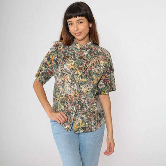 90s Tropical Jungle Print Button-Up Shirt Green Yellow Pink Cotton Large